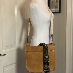 Elegant Tan Crossbody Bag with Camouflage Strap